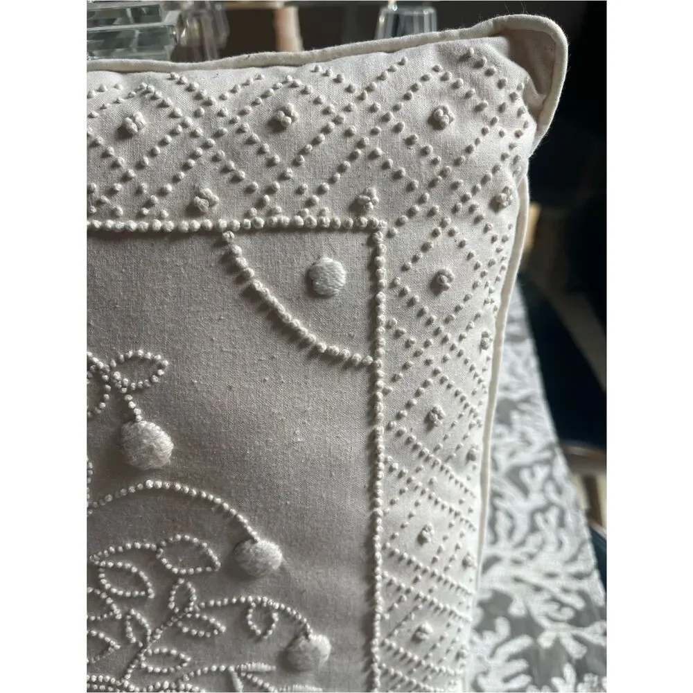 Embroidered Botanical Throw Pillow - Cream